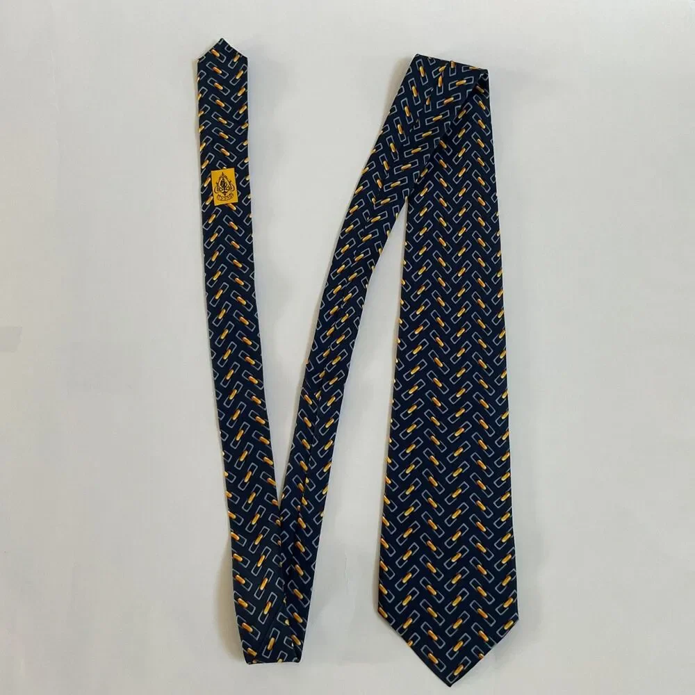 VTG Gucci Silk Tie Chain Link Geometric Navy Blue Orange Italy Luxury Classic